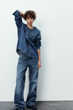 Clearance CAMISA DENIM TRF CUELLO BOBO Mujer Camisas / Blusas