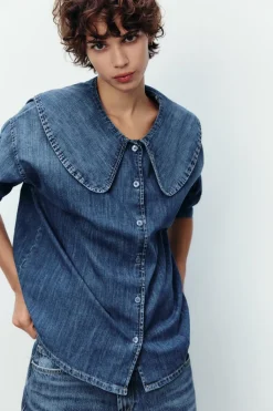 Clearance CAMISA DENIM TRF CUELLO BOBO Mujer Camisas / Blusas