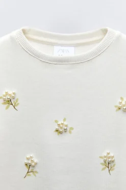 Niños ZARA 6 - 14 Años·Camisetas<CAMISETA RIB FLORES PERLAS