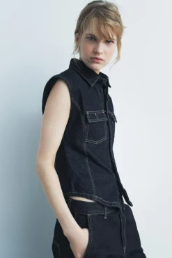 Clearance CHALECO DENIM PESPUNTES ZW COLLECTION Mujer Tops / Bodies|Camisas / Blusas