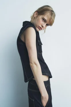 Clearance CHALECO DENIM PESPUNTES ZW COLLECTION Mujer Tops / Bodies|Camisas / Blusas