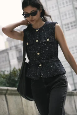 Fashion CHALECO ESTRUCTURA LENTEJUELAS CINTURÓN Mujer Blazers / Chalecos