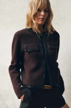 Best CHAQUETA PUNTO ABALORIOS 100% LANA Mujer Cárdigan / Jerséis|Punto