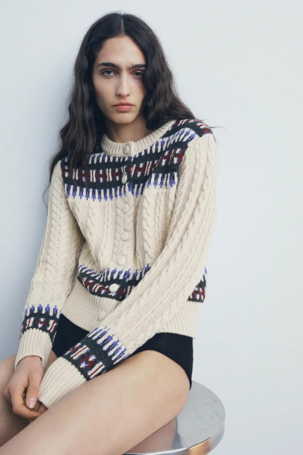 Fashion CHAQUETA PUNTO COMBINADA JACQUARD Mujer Cárdigan / Jerséis|Punto