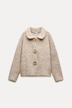 New CHAQUETA PUNTO EFECTO PELO BOTÓN FLOR Mujer Chaquetas / Cazadoras|Cárdigan / Jerséis