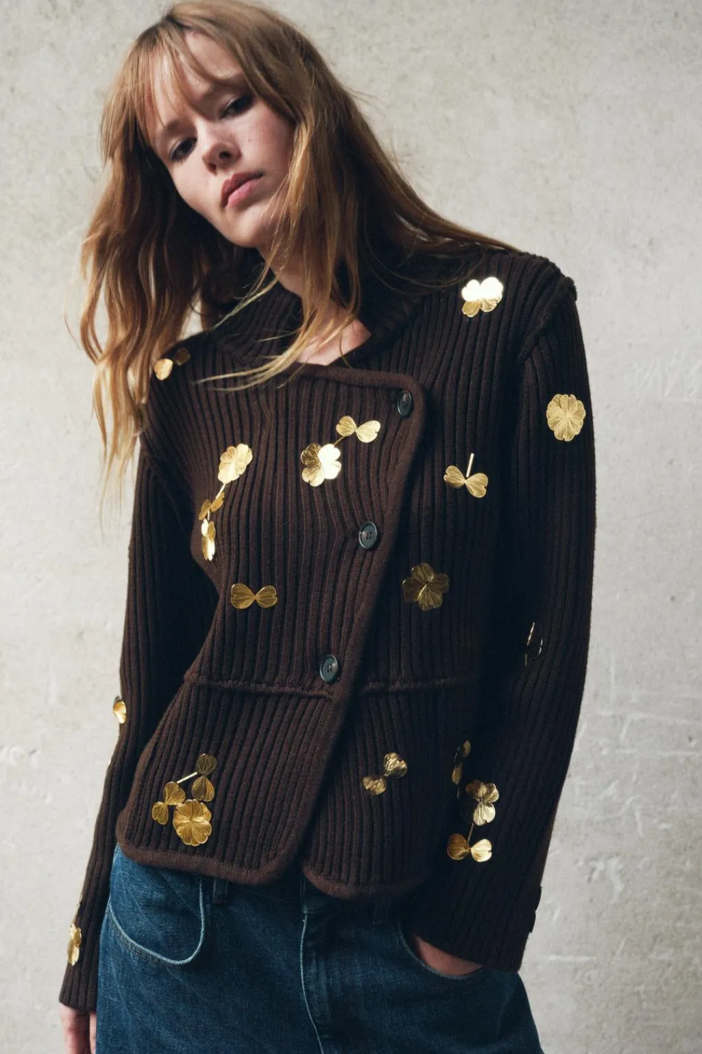 Fashion CHAQUETA PUNTO FLORES DORADAS Mujer Cárdigan / Jerséis|Punto