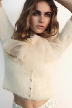 Discount CHAQUETA PUNTO LAZO ORGANZA Mujer Cárdigan / Jerséis|Punto