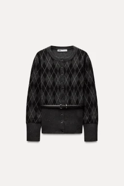 Fashion CHAQUETA PUNTO ROMBOS CINTURÓN Mujer Cárdigan / Jerséis|Punto