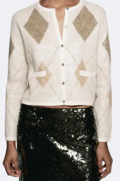 Online CHAQUETA PUNTO ROMBOS LENTEJUELAS Mujer Cárdigan / Jerséis|Punto