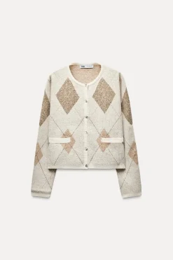 Online CHAQUETA PUNTO ROMBOS LENTEJUELAS Mujer Cárdigan / Jerséis|Punto