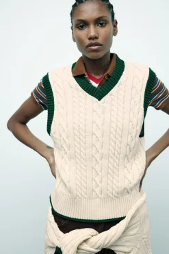 Fashion JERSEY CHALECO PUNTO CABLES Mujer Cárdigan / Jerséis|Punto