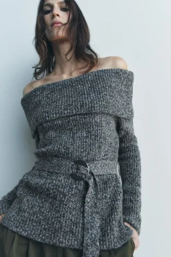 Online JERSEY PUNTO OFF SHOULDER CINTURÓN Mujer Cárdigan / Jerséis|Punto