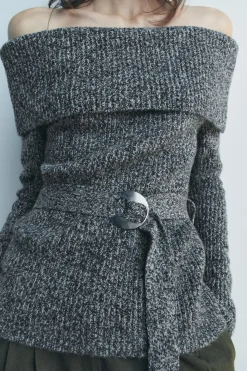 Online JERSEY PUNTO OFF SHOULDER CINTURÓN Mujer Cárdigan / Jerséis|Punto