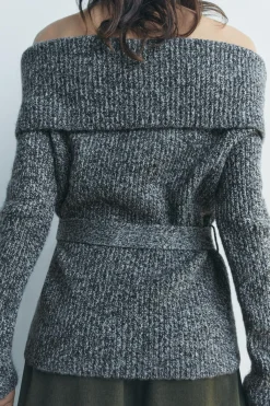 Online JERSEY PUNTO OFF SHOULDER CINTURÓN Mujer Cárdigan / Jerséis|Punto