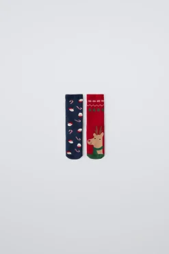 Niños ZARA 1½ - 6 Años·Ropa Interior / Calcetines|1½ - 6 Años·Ropa Interior / Calcetines<PACK DOS CALCETINES ANTIDESLIZANTES RENO Y PAPÁ NOEL