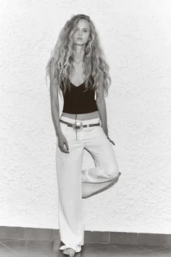 Fashion PANTALÓN CON LINO TIRO MEDIO WIDE LEG Mujer Pantalones