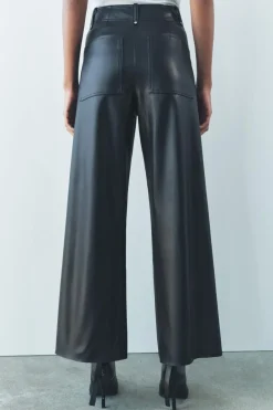 New PANTALÓN EFECTO PIEL WIDE LEG ZW COLLECTION Mujer Jeans|Pantalones