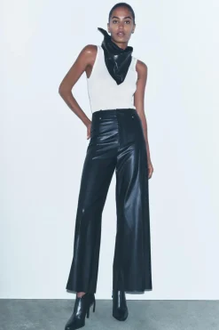 New PANTALÓN EFECTO PIEL WIDE LEG ZW COLLECTION Mujer Jeans|Pantalones