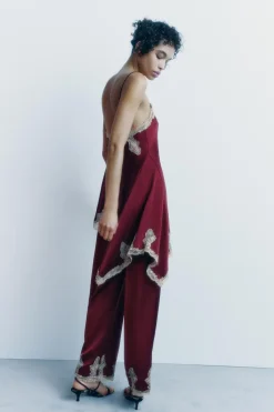 Discount PANTALÓN PIJAMERO SATINADO ENCAJE Mujer Pantalones|Lenceria