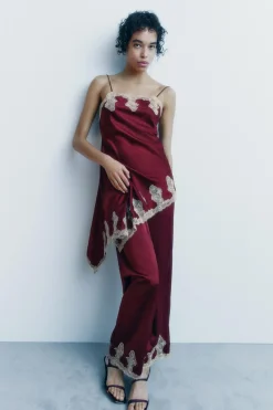 Discount PANTALÓN PIJAMERO SATINADO ENCAJE Mujer Pantalones|Lenceria