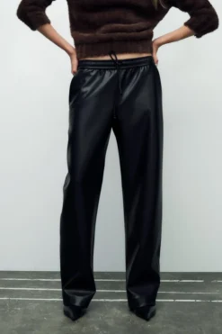 Fashion PANTALÓN RECTO EFECTO PIEL Mujer Pantalones