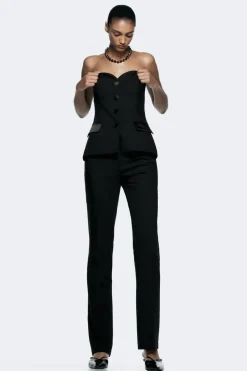 Hot PANTALÓN SMOKING CINTURA COMBINADA SATINADA Mujer Pantalones