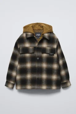 Niños ZARA 6 - 14 Años·Camisas / Sobrecamisas<SOBRECAMISA ACOLCHADA CUADROS CAPUCHA