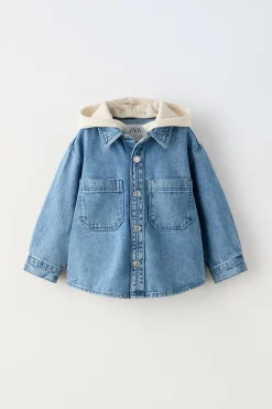 Niños ZARA 1½ - 6 Años·Camisas|1½ - 6 Años·Jeans / Denim<SOBRECAMISA DENIM CAPUCHA COMBINADA