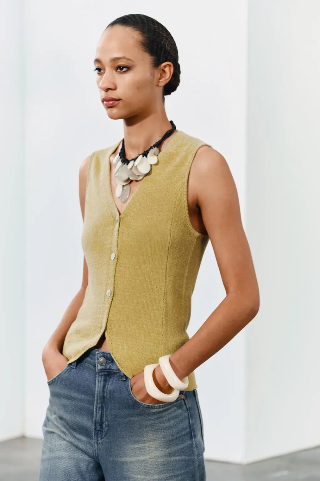 Online TOP CHALECO PUNTO LISO CON LINO Mujer Cárdigan / Jerséis|Punto