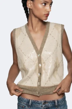 Best TOP CHALECO PUNTO ROMBOS LENTEJUELAS Mujer Cárdigan / Jerséis|Punto