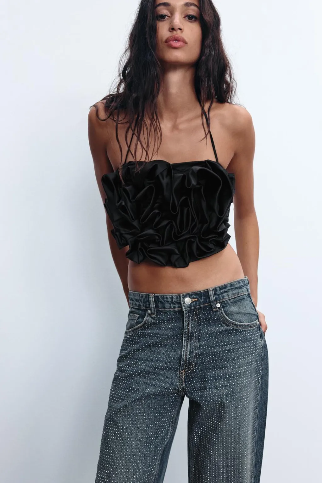 Fashion TOP SATINADO HALTER FLOR RELIEVE Mujer Tops / Bodies