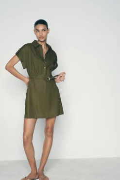 New VESTIDO CAMISERO MINI CON LINO Mujer Vestidos