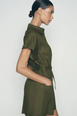 New VESTIDO CAMISERO MINI CON LINO Mujer Vestidos