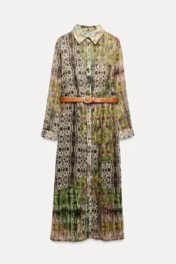 Discount VESTIDO ESTAMPADO HILO METALIZADO CINTURÓN Mujer Vestidos