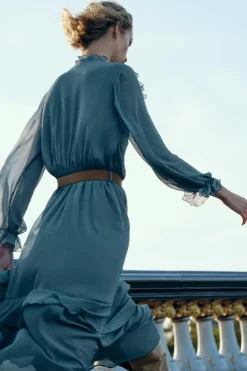 Online VESTIDO LARGO VOLANTES CINTURÓN Mujer Vestidos