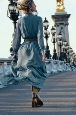 Online VESTIDO LARGO VOLANTES CINTURÓN Mujer Vestidos