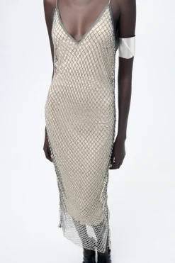 Outlet VESTIDO LENCERO MIDI PEDRERÍA Mujer Vestidos|Cárdigan / Jerséis