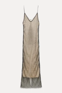 Outlet VESTIDO LENCERO MIDI PEDRERÍA Mujer Vestidos|Cárdigan / Jerséis