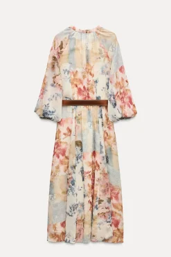 Fashion VESTIDO MIDI ESTAMPADO FLORAL CINTURÓN Mujer Vestidos