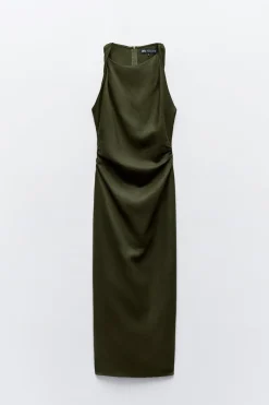 Online VESTIDO MIDI MANGA ENROSCADA CON LINO Mujer Vestidos