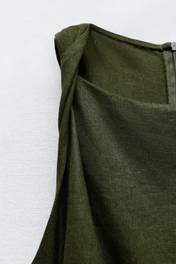 Online VESTIDO MIDI MANGA ENROSCADA CON LINO Mujer Vestidos