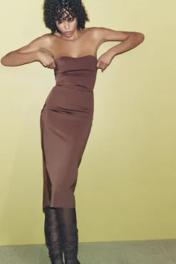 Hot VESTIDO MIDI SATINADO ABERTURA Mujer Vestidos