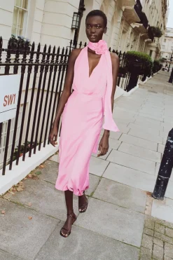 Fashion VESTIDO MIDI SATINADO FLOR Mujer Vestidos