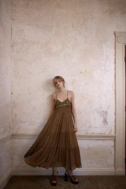 Fashion VESTIDO PLISADO ENCAJE ABALORIOS Mujer Vestidos