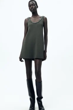 Fashion VESTIDO PUNTO LISO ABALORIOS JOYA Mujer Vestidos|Cárdigan / Jerséis