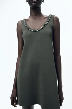 Fashion VESTIDO PUNTO LISO ABALORIOS JOYA Mujer Vestidos|Cárdigan / Jerséis