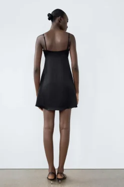 New VESTIDO SATINADO PLISADOS ENCAJE Mujer Vestidos