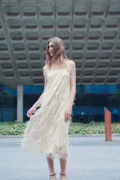 Fashion VESTIDO SEMITRANSPARENTE PLUMAS LENTEJUELAS Mujer Vestidos|Cárdigan / Jerséis